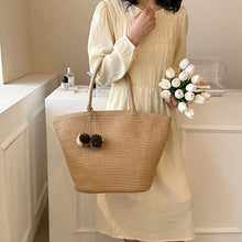 Load image into Gallery viewer, IOKE #2 Large women's straw beach tote with PomPom charms