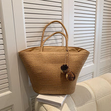 Load image into Gallery viewer, IOKE #2 Large women's straw beach tote with PomPom charms