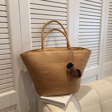 Load image into Gallery viewer, IOKE #2 Large women's straw beach tote with PomPom charms
