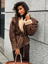 Cargar imagen en el visor de la galería, LEITH Winter Thicken Patchwork V-neck Long Sleeve Belt Jacket