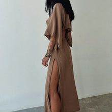 Indlæs billede til gallerivisning ROXY Elegant Cotton Linen Midi Dress with High Collar and Lace Detail - Bali Lumbung