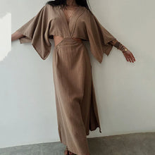 Indlæs billede til gallerivisning ROXY Elegant Cotton Linen Midi Dress with High Collar and Lace Detail - Bali Lumbung