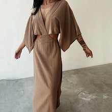 Indlæs billede til gallerivisning ROXY Elegant Cotton Linen Midi Dress with High Collar and Lace Detail - Bali Lumbung