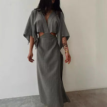 Indlæs billede til gallerivisning ROXY Elegant Cotton Linen Midi Dress with High Collar and Lace Detail - Bali Lumbung