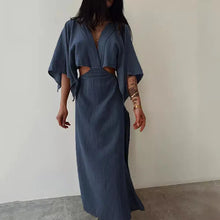 Indlæs billede til gallerivisning ROXY Elegant Cotton Linen Midi Dress with High Collar and Lace Detail - Bali Lumbung