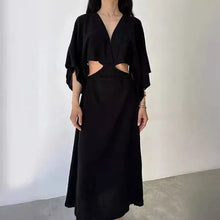Indlæs billede til gallerivisning ROXY Elegant Cotton Linen Midi Dress with High Collar and Lace Detail - Bali Lumbung