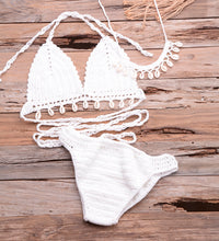 Load image into Gallery viewer, LEIMOMI 3pcs Crochet Shell Tassel Bikini Top and Hollow-out Low Waist Bikini Bottom Set with Seashell Necklaces - Bali Lumbung