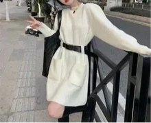 Load image into Gallery viewer, LIBO Knitted Sweater Dress with Belt for Women, Long Sleeve Mini Short Dresses