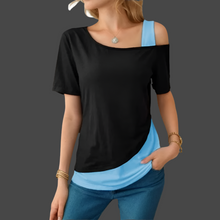 Load image into Gallery viewer, JOAN Black White T-Shirt Women Summer Asymmetric Casual Pullover One Shoulder Patchwork Top