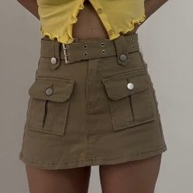 SISY Korean Style High Waist Big Pockets Cargo Mini Culotte Skort with Belt