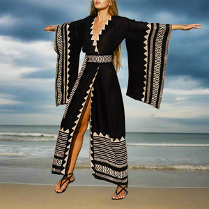ALINA Bohemian printed Long Kimono Style Beach Wear Swimwear Cover-Up