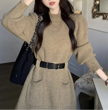 Load image into Gallery viewer, LIBO Knitted Sweater Dress with Belt for Women, Long Sleeve Mini Short Dresses