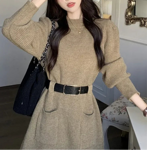 LIBO Knitted Sweater Dress with Belt for Women, Long Sleeve Mini Short Dresses