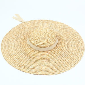 NARA Summer Boater Style 4 Color Wide Brim Flat Top Straw Hat with Ribbons