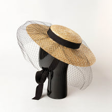 Load image into Gallery viewer, ALY Handcrafted Straw Long Ribbon with Tulle Overlay Ornamented Fascinator Headwear