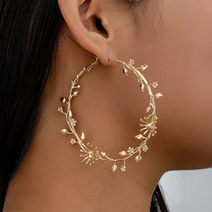 OILA #2 Gold Hoop Earrings for Women with Leaf and Flower Design, Large Circle Shape