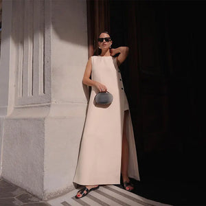 COLLETE Sleeveless Button Split Midi Dress for Women with Round Neck