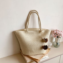 Load image into Gallery viewer, IOKE #2 Large women&#39;s straw beach tote with PomPom charms