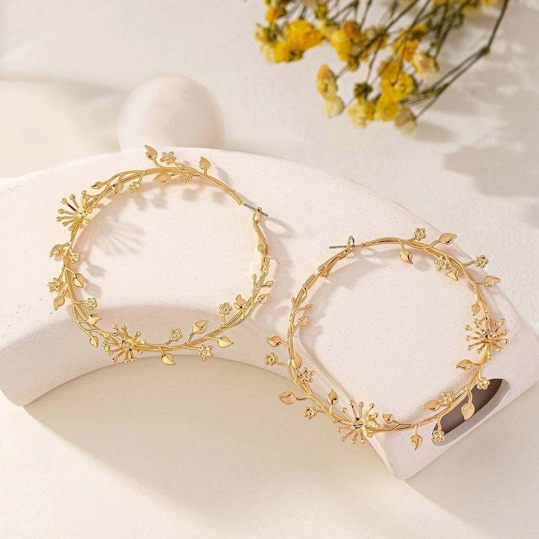 OILA #2 Gold Hoop Earrings for Women with Leaf and Flower Design, Large Circle Shape
