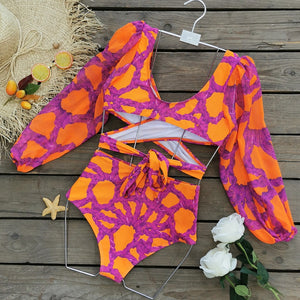 VANESSA Two pieces Crop Top Long Sleeves Swimwear Mosaic Print Tankini Swimsuit Set