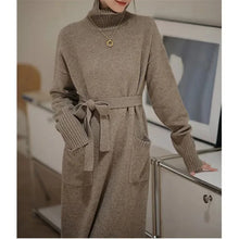 Load image into Gallery viewer, LISBET Elegant, High-neck Knit Dress with Long Sleeves, Belt and Pockets