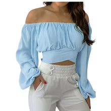 Load image into Gallery viewer, LES Flower Print Crossed Tied Back Off Shoulder Ruched Lantern Sleeve Crop Top Blouse