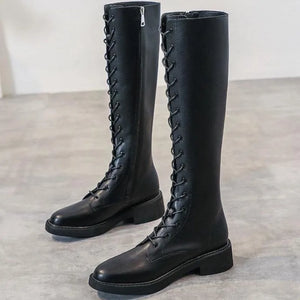 KENSEY High Low Heel Knee High Boots with Round Toe and Lace-Up Design