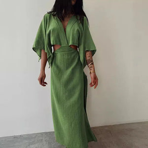 ROXY Elegant Cotton Linen Midi Dress with High Collar and Lace Detail Bali Lumbung ROXY Elegant Cotton Linen Midi Dress with High Collar and Lace Detail Bali Lumbung