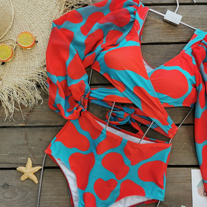 VANESSA Two pieces Crop Top Long Sleeves Swimwear Mosaic Print Tankini Swimsuit Set