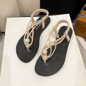 ELA #2 Casual Beach Inspired Braided Pearl Women Flat Sandals Open Toe