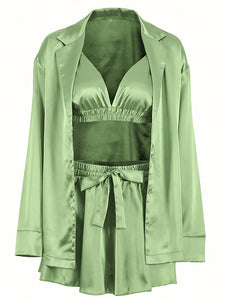 BLAIR 3-Piece Ruched Robe Pajama Set for Women