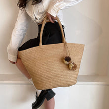 Load image into Gallery viewer, IOKE #2 Large Bohemian Women Straw Beach Tote Shoulder Bag with PomPom Charms