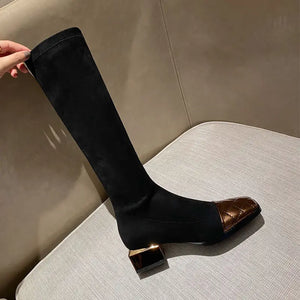 SYDNEY Knee High Boots with Square Toes and Elastic Shafts