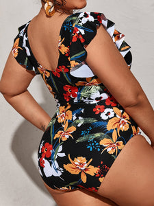 ANNABELLE Women Ruffled Flowers Printed Plus Size Monokini Swimsuit Set Size XL-4XL