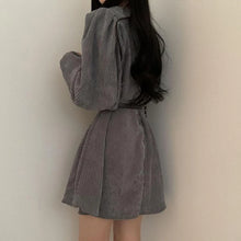 Indlæs billede til gallerivisning LIBO Puffed Sleeves with Belt Corduroy Mini Dress
