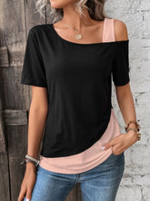 Load image into Gallery viewer, JOAN Black White T-Shirt Women Summer Asymmetric Casual Pullover One Shoulder Patchwork Top