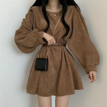 Load image into Gallery viewer, LIBO Puffed Sleeves with Belt Corduroy Mini Dress