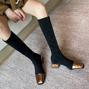 SYDNEY Knee High Boots with Square Toes and Elastic Shafts