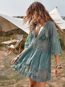 ARIA Deep V-Neck Boho Lace See-Through Swimsuit Short Style Cover Up