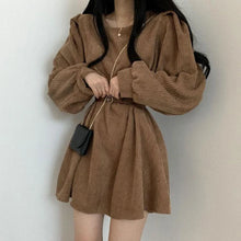 Cargar imagen en el visor de la galería, LIBO Puffed Sleeves with Belt Corduroy Mini Dress