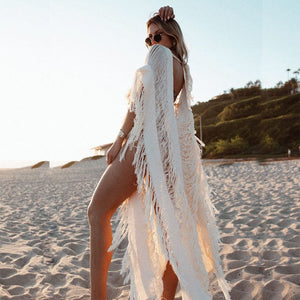 LONI Stylish Sleeveless Tasseled Fringe Cloak Swimsuit Cover-up
