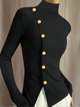 Cargar imagen en el visor de la galería, KIM High Neck Gold Button Pullover: Perfect for Fall and Spring