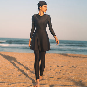FAARIHA The Color Block High Neck Burkini has a Hijab and Long Sleeves for Modest Swimwear 3 Piece Set