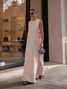 COLLETE Sleeveless Button Split Midi Dress for Women with Round Neck