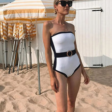 Load image into Gallery viewer, DHEDHE Stylish One-Piece Off-Shoulder Bikini with Color Block Design