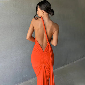 DUCY Stylish Women's Backless Maxi Dress with Ruched Design