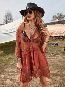 ARIA Deep V-Neck Boho Lace See-Through Swimsuit Short Style Cover Up