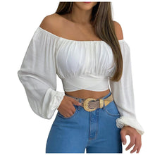Load image into Gallery viewer, LES Flower Print Crossed Tied Back Off Shoulder Ruched Lantern Sleeve Crop Top Blouse