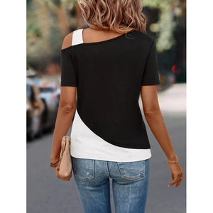 JOAN Black White T-Shirt Women Summer Asymmetric Casual Pullover One Shoulder Patchwork Top
