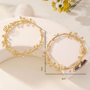 OILA #2 Gold Hoop Earrings for Women with Leaf and Flower Design, Large Circle Shape